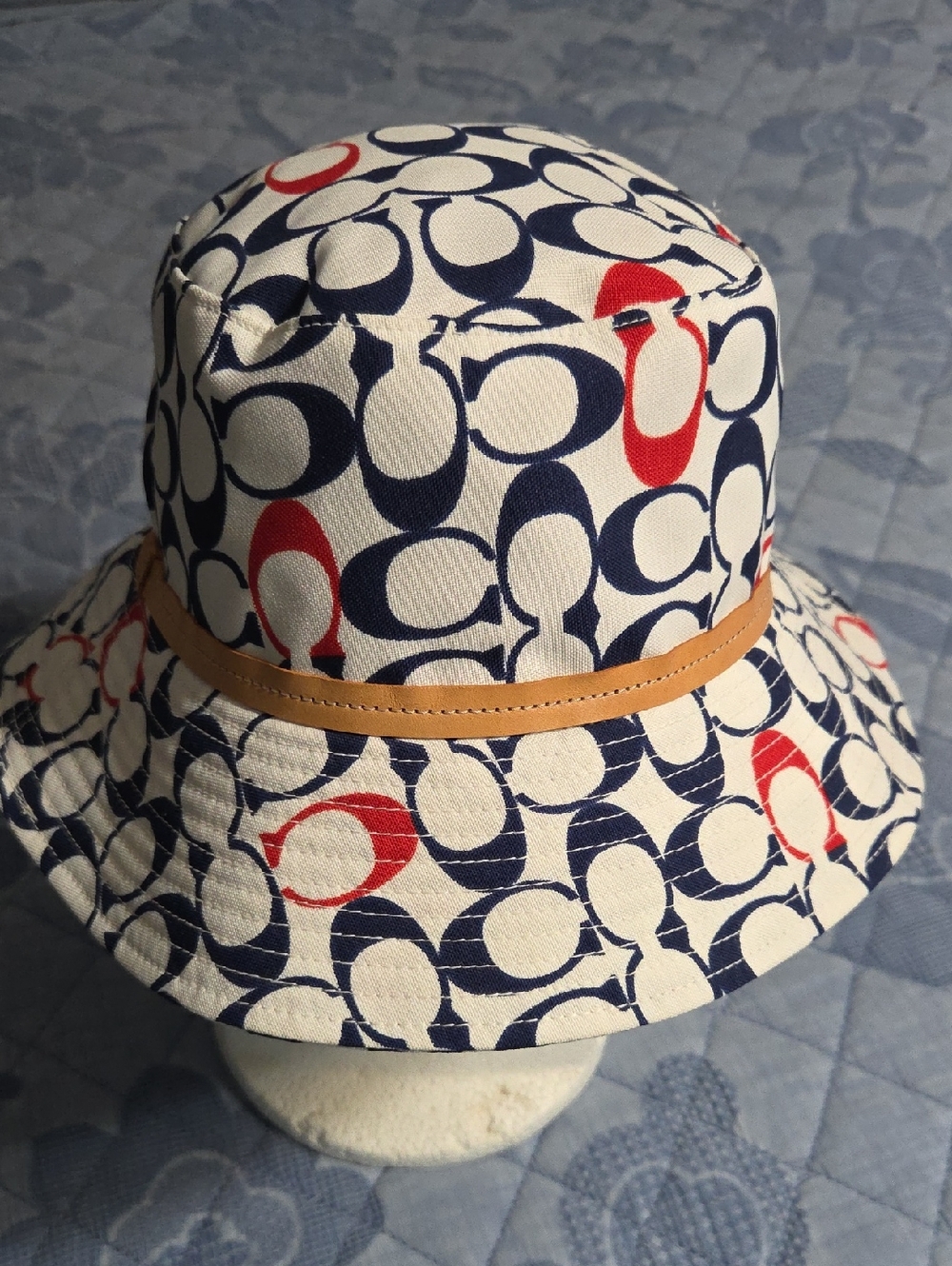 Coach  Bucket Hat in Navy, Red & Cream with Tan Trim